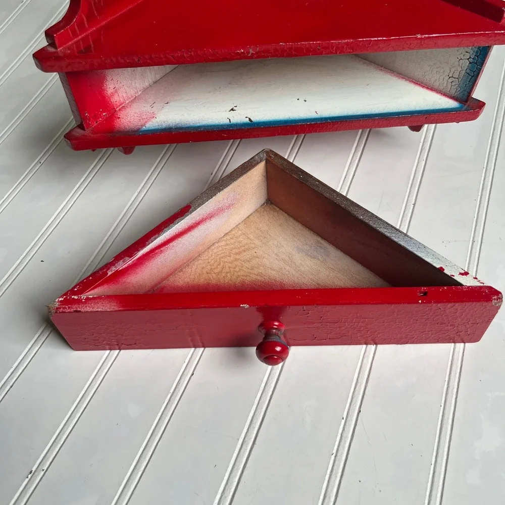 Vintage Red Crackle Wood Corner Shelf with Drawer Wall Hanging Scalloped